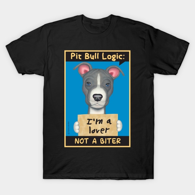 Gray & White Pit Bull holding sign T-Shirt by Danny Gordon Art